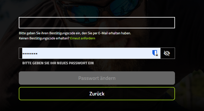 Screenshot Eingabe Bestätigungscode