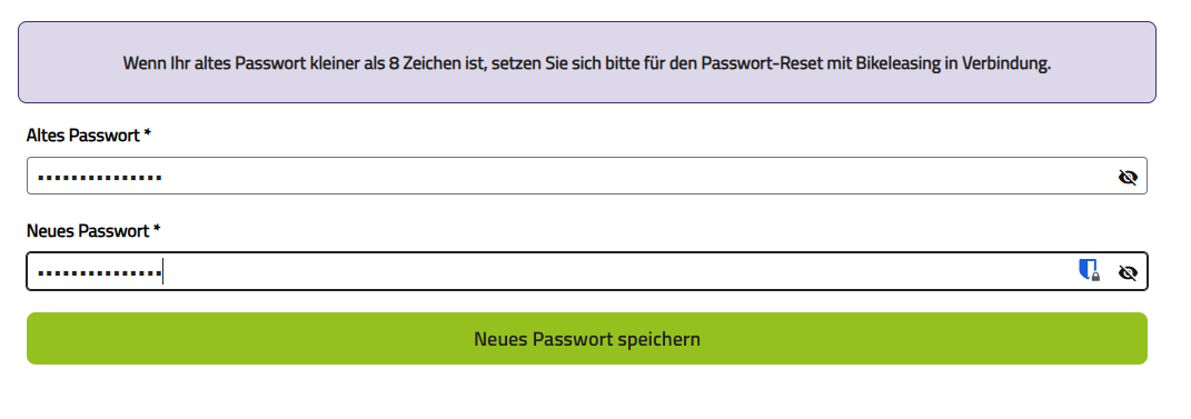 Screenshot Passwortvergabe im Nutzerprofil