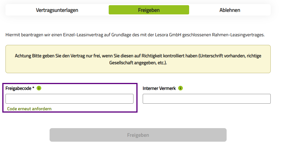 Screenshot Eingabe Freigabecode