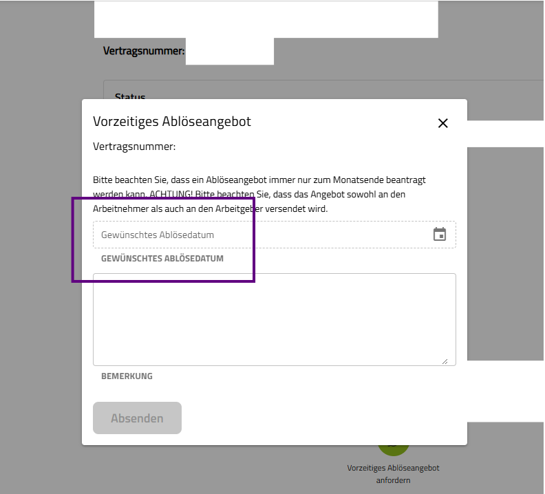 Auswahl gewünschtes Ablösedatum
