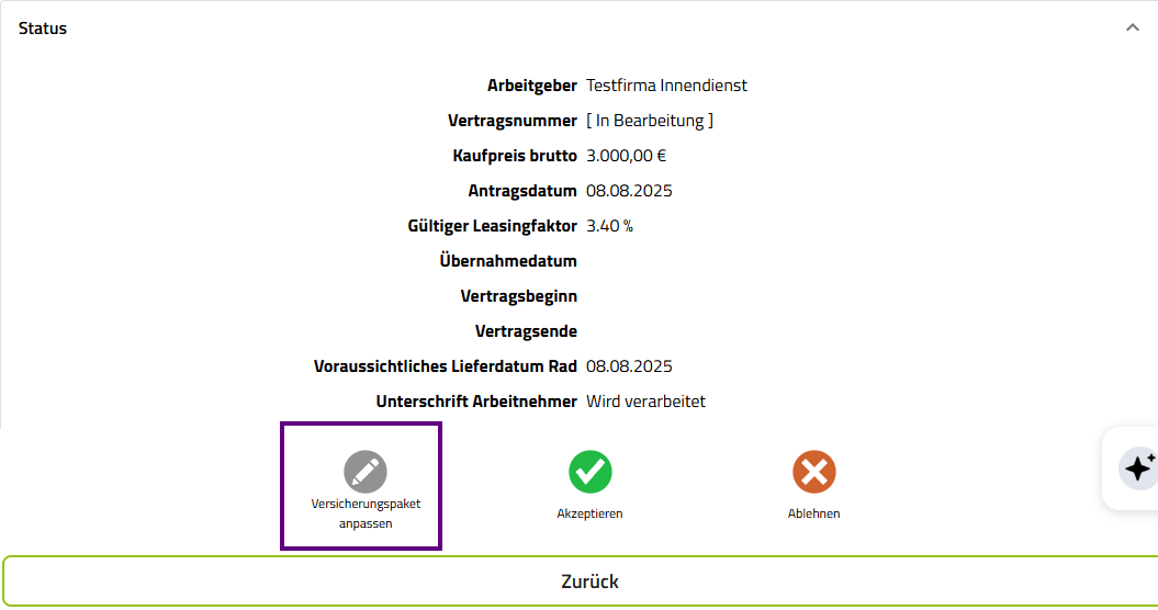 Screenshot Versicherungsanpassung