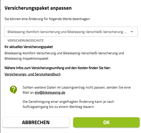 Screenshot Auswahl der Versicherungen