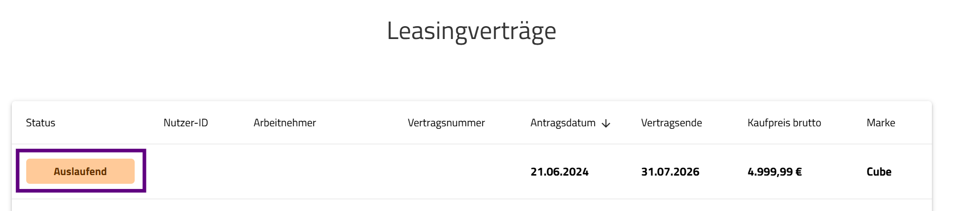 Screenshot Vertragsstatus