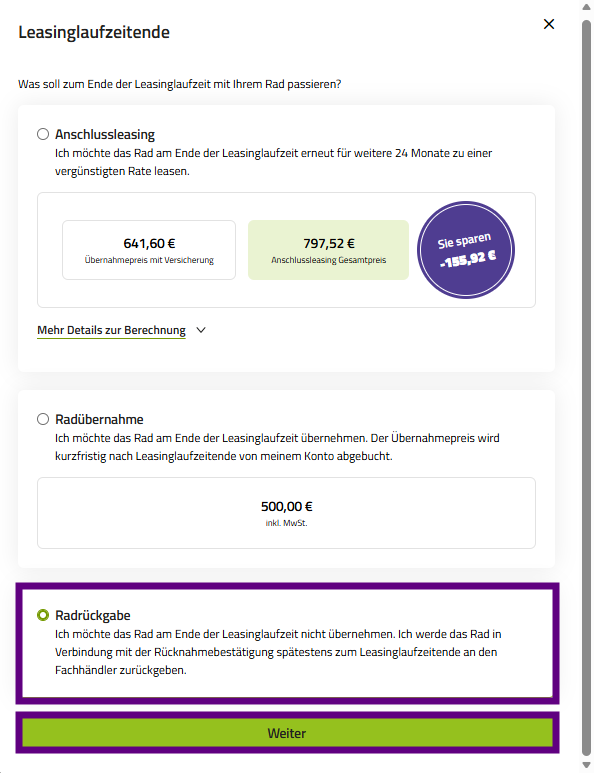 Screenshot Übernahmeentscheidungen Leasingende