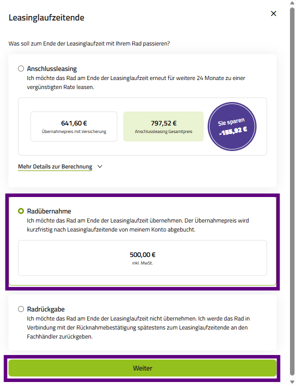 Screenshot Übernahmeentscheidungen Leasingende