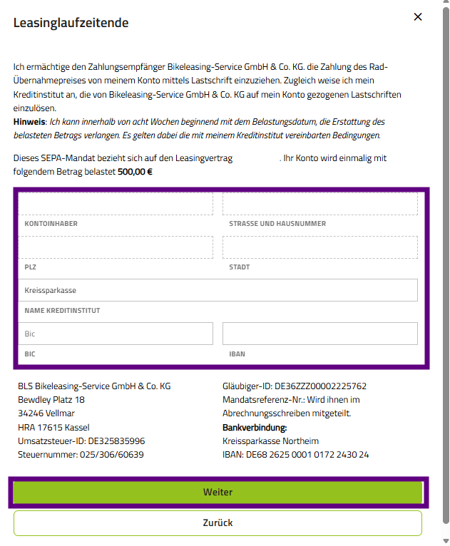 Screenshot Bankdateneingabe Leasingende