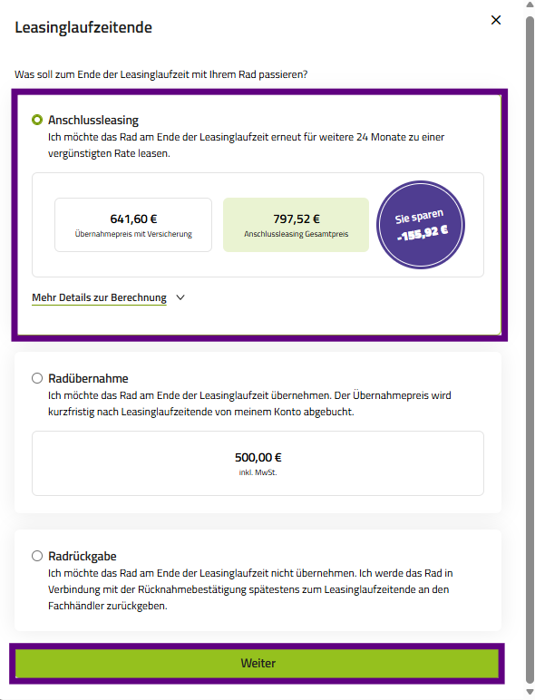 Screenshot Übernahmeentscheidungen Leasingende