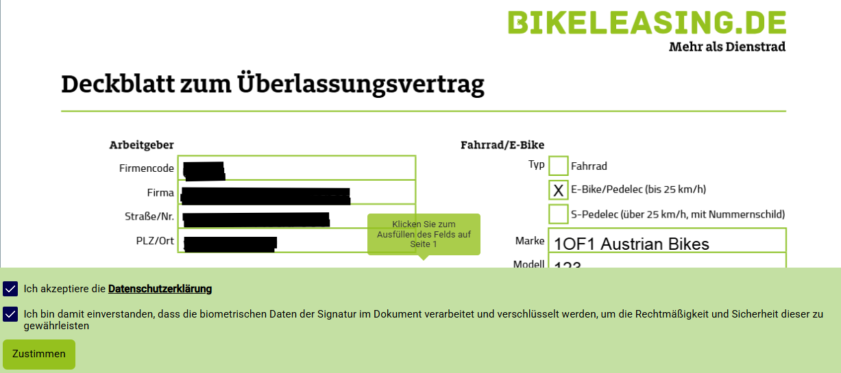 Screenshot Deckblatt zum Überlassungsvertrag
